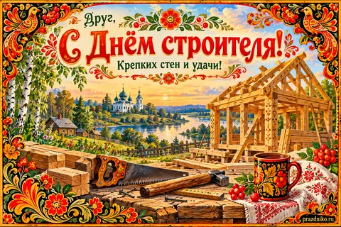 Открытка «День строителя» — другу: Друг,
С Днём строителя!
Крепких стен и удачи!