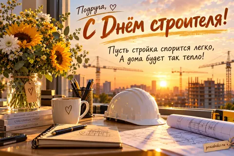 Открытка «День строителя» — подруге: Подруга,
С Днём строителя!
Пусть стройка спорится легко,
А дома будет так тепло!
Большие проекты
Счастливые люди
Красивые города