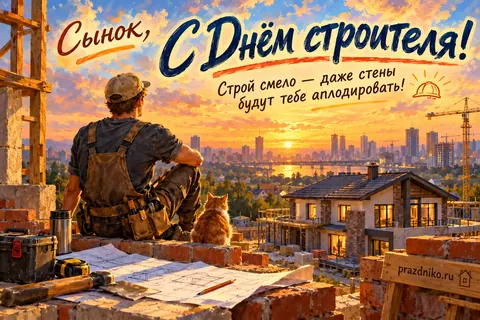 Открытка «День строителя» — сыну: Сынок,
С Днём строителя!
Строй смело — даже стены будут тебе аплодировать!