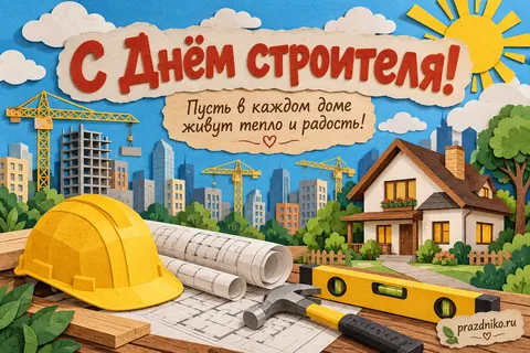 Открытка «День строителя»: С Днём строителя!
Пусть в каждом доме живут тепло и радость!
