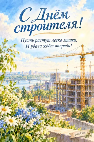 Открытка «День строителя»: С Днём строителя!
Пусть растут легко этажи,
И удача ждёт впереди!