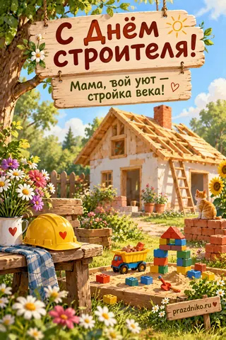 Открытка «День строителя» — маме: С Днём строителя!
Мама, вой уют — стройка века!