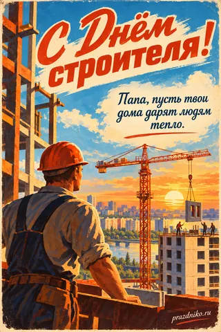 Открытка «День строителя» — папе: С Днём строителя!
Папа, пусть твои дома дарят людям тепло.