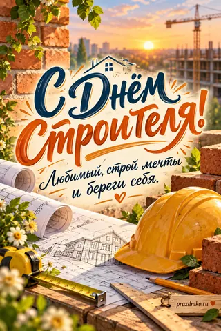 Открытка «День строителя» — любимому: С Днём строителя!
Любимый, строй мечты и береги себя.