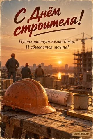 Открытка «День строителя»: С Днём строителя!
Пусть растут легко дома,
И сбывается мечта!