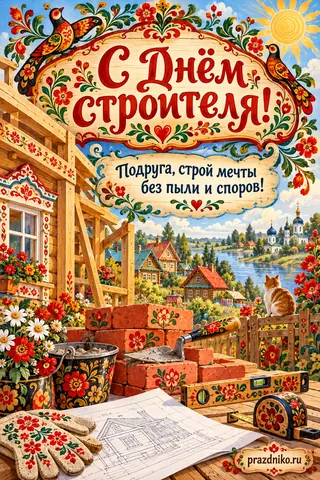 Открытка «День строителя» — подруге: С Днём строителя!
Подруга, строй мечты без пыли и споров!