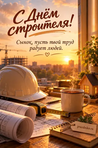 Открытка «День строителя» — сыну: С Днём строителя!
Сынок, пусть твой труд радует людей.