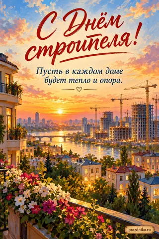 Открытка «День строителя»: С Днём строителя!
Пусть в каждом доме будет тепло и опора.
