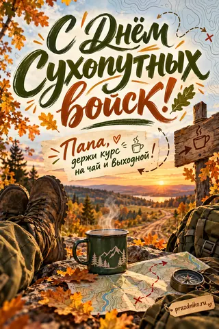 Открытка «День Сухопутных войск» — папе: С Днём Сухопутных войск!
Папа, держи курс на чай и выходной!