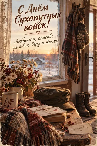 Открытка «День Сухопутных войск» — любимой: С Днём Сухопутных войск!
Любимая, спасибо за твою веру и тепло.