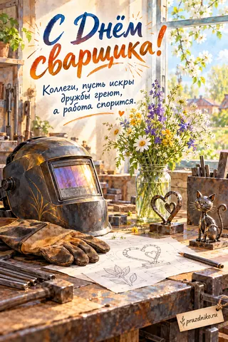 Открытка «День сварщика» — коллегам: С Днём сварщика!
Коллеги, пусть искры дружбы греют, а работа спорится.