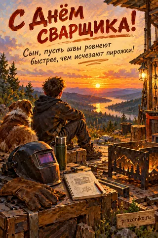 Открытка «День сварщика» — сыну: С Днём сварщика!
Сын, пусть швы ровняют быстрее, чем исчезают пирожки!