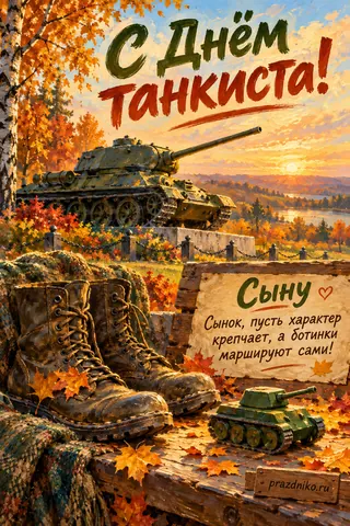 Открытка «День танкиста» — сыну: С Днём танкиста!
Сыну
Сынок, пусть характер крепчает, а ботинки маршируют сами!
prazdniko.ru