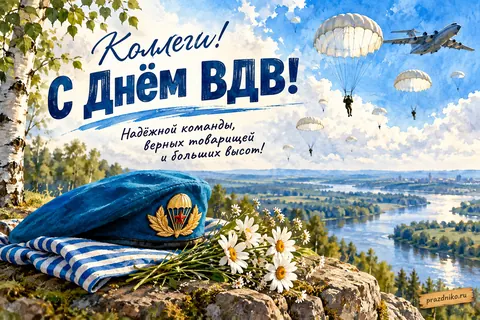 Открытка «День Воздушно-десантных войск» — коллегам: Коллеги! С Днём ВДВ!
Надёжной команды, верных товарищей и больших высот!