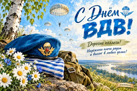 Открытка «День Воздушно-десантных войск» — коллегам: С Днём ВДВ!
Дорогие коллеги!
Надёжного плеча рядом и высот в любых делах!