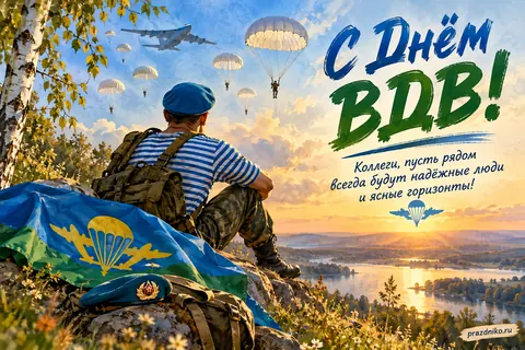 Открытка «День Воздушно-десантных войск» — коллегам: С Днём ВДВ!
Коллеги, пусть рядом всегда будут надёжные люди и ясные горизонты!