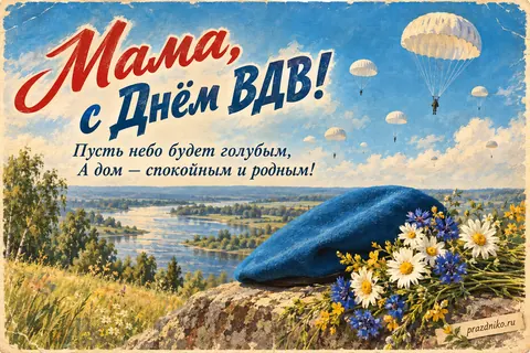 Открытка «День Воздушно-десантных войск» — маме: Мама, с Днём ВДВ!
Пусть небо будет голубым,
А дом — спокойным и родным!