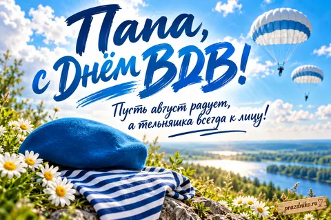 Открытка «День Воздушно-десантных войск» — папе: Папа, с Днём ВДВ!
Пусть август радует,
а тельняшка всегда к лицу!
