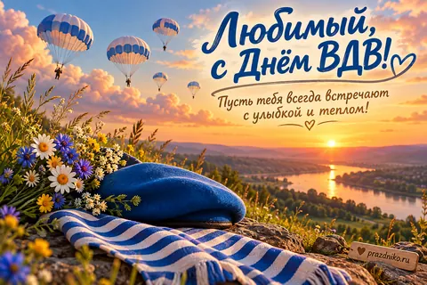 Открытка «День Воздушно-десантных войск» — любимому: Любимый, с Днём ВДВ!
Пусть тебя всегда встречают с улыбкой и теплом!