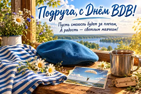 Открытка «День Воздушно-десантных войск» — подруге: Подруга, с Днём ВДВ!
Пусть смелость будет за плечом,
А радость — светлым маячком!