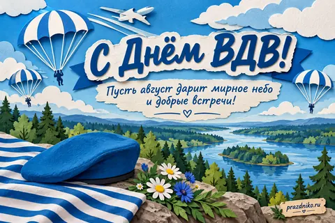 Открытка «День Воздушно-десантных войск»: С Днём ВДВ!
Пусть август дарит мирное небо и добрые встречи!
