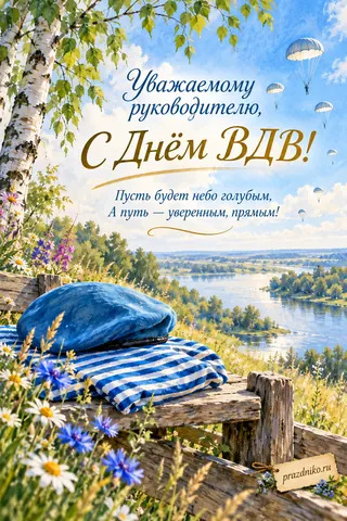 Открытка «День Воздушно-десантных войск» — руководителю: Уважаемому руководителю,
С Днём ВДВ!
Пусть будет небо голубым,
А путь — уверенным, прямым!