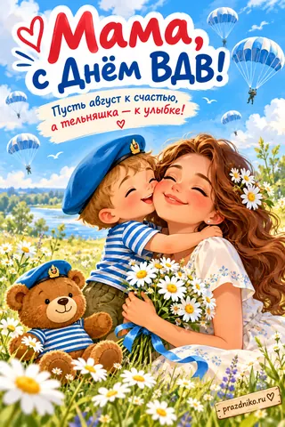 Открытка «День Воздушно-десантных войск» — маме: Мама, с Днём ВДВ!
Пусть август к счастью,
а тельняшка — к улыбке!