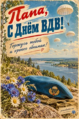 Открытка «День Воздушно-десантных войск» — папе: Папа, с Днём ВДВ!
Торжусь тобой и крепко обнимаю!