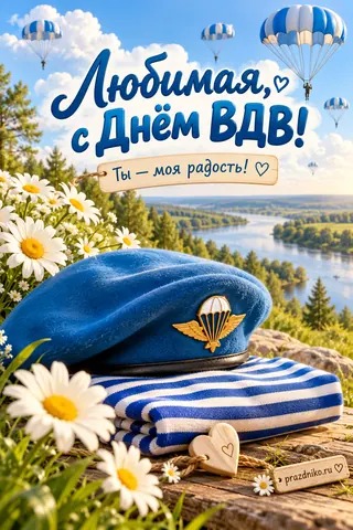 Открытка «День Воздушно-десантных войск» — любимой: Любимая, с Днём ВДВ!
Ты — моя радость!