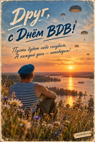 Открытка «День Воздушно-десантных войск» — другу: Друг, с Днём ВДВ!
Пусть будет небо голубым,
А каждый день — непобедим!