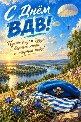 Открытка «День Воздушно-десантных войск»: С Днём ВДВ!
Пусть рядом будут верные люди и мирное небо!