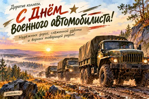 Открытка «День военного автомобилиста» — коллегам: Дорогие коллеги,
С Днём военного автомобилиста!
Надёжных дорог, слаженной работы
и верных товарищей рядом!
