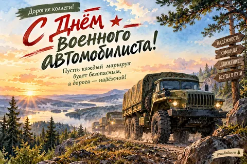 Открытка «День военного автомобилиста» — коллегам: Дорогие коллеги!
С Днём военного автомобилиста!
Пусть каждый маршрут будет безопасным, а дорога — надёжной!
НАДЁЖНОСТЬ КОМАНДА ДВИЖЕНИЕ ВСЕГДА В ПУТИ