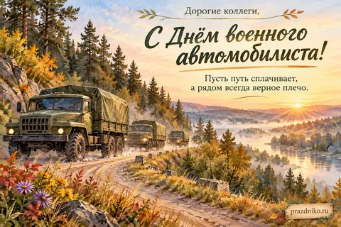 Открытка «День военного автомобилиста» — коллегам: Дорогие коллеги,
С Днём военного автомобилиста!
Пусть путь сплачивает, а рядом всегда верное плечо.