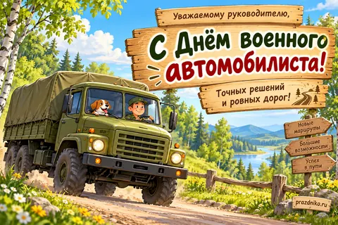 Открытка «День военного автомобилиста» — руководителю: Уважаемому руководителю,
С Днём военного автомобилиста!
Точных решений и ровных дорог!
Новые маршруты Большие возможности Успех в пути