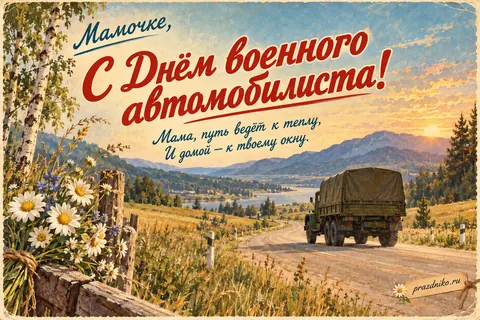 Открытка «День военного автомобилиста» — маме: Мамочке,
С Днём военного автомобилиста!
Мама, путь ведёт к теплу,
И домой — к твоему окну.
