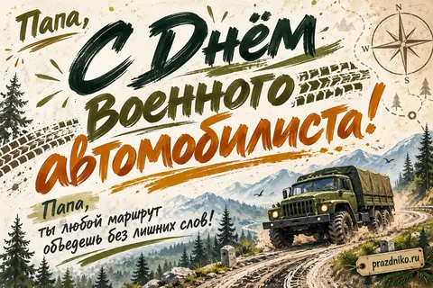 Открытка «День военного автомобилиста» — папе: Папа, с Днём военного автомобилиста!
Папа, ты любой маршрут объедешь без лишних слов!
