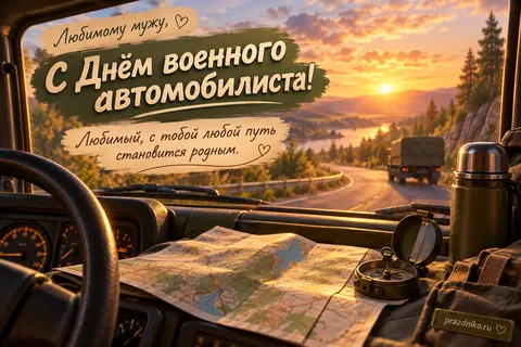 Открытка «День военного автомобилиста» — мужу: Любимому мужу,
С Днём военного автомобилиста!
Любимый, с тобой любой путь становится родным.