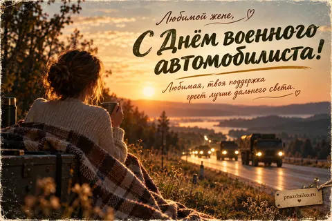 Открытка «День военного автомобилиста» — жене: Любимой жене,
С Днём военного автомобилиста!
Любимая, твоя поддержка греет лучше дальнего света.