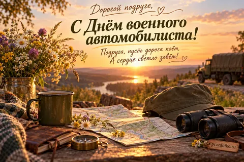 Открытка «День военного автомобилиста» — подруге: Дорогой подруге,
С Днём военного автомобилиста!
Подруга, пусть дорога поёт,
А сердце светло зовёт!