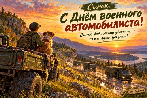 Открытка «День военного автомобилиста» — сыну: Сынок,
С Днём военного автомобилиста!
Сынок, веди мечту уверенно — даже лужи уступят!