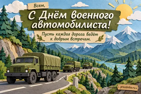 Открытка «День военного автомобилиста»: Всем,
С Днём военного автомобилиста!
Пусть каждая дорога ведёт к добрым встречам.