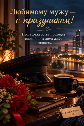 Открытка «День военной полиции» — мужу: Любимому мужу — с праздником!
Пусть дежурства проходят спокойно, а дома ждёт нежность.