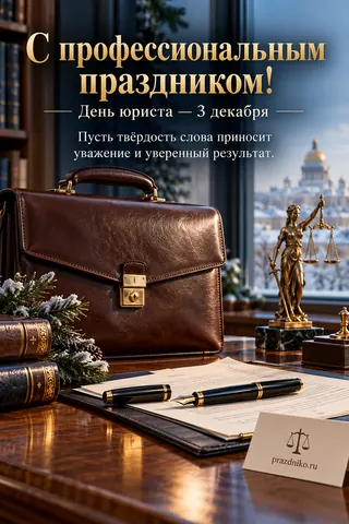 Открытка «День юриста»: С профессиональным праздником!
День юриста — 3 декабря
Пусть твёрдость слова приносит уважение и уверенный результат.
prazdniko.ru