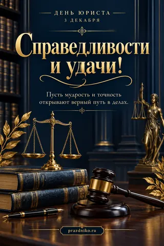 Открытка «День юриста»: День юриста
3 декабря
Справедливости и удачи!
Пусть мудрость и точность открывают верный путь в делах.
prazdniko.ru