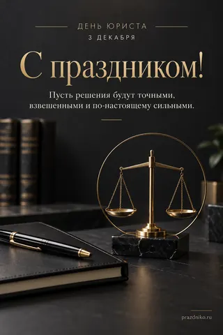 Открытка «День юриста»: День юриста
3 декабря
С праздником!
Пусть решения будут точными,
взвешенными и по-настоящему сильными.