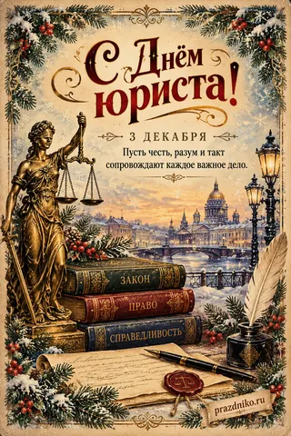 Открытка «День юриста»: С Днём юриста!
3 декабря
Пусть честь, разум и такт
сопровождают каждое важное дело.
ЗАКОН
ПРАВО
СПРАВЕДЛИВОСТЬ