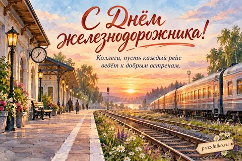 Открытка «День железнодорожника» — коллегам: С Днём железнодорожника!
Коллеги, пусть каждый рейс ведёт к добрым встречам.