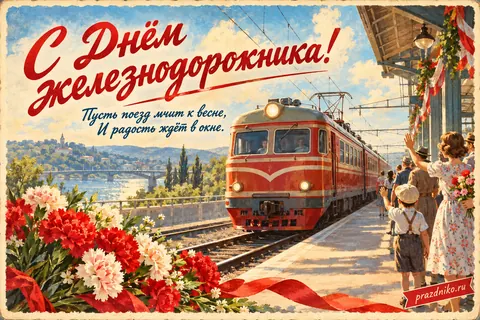 Открытка «День железнодорожника»: С Днём железнодорожника!
Пусть поезд мчит к весне,
И радость ждёт в окне.