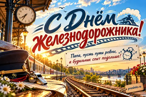 Открытка «День железнодорожника» — папе: С Днём железнодорожника!
Папа, пусть пути ровны,
а будильник спит подольше!